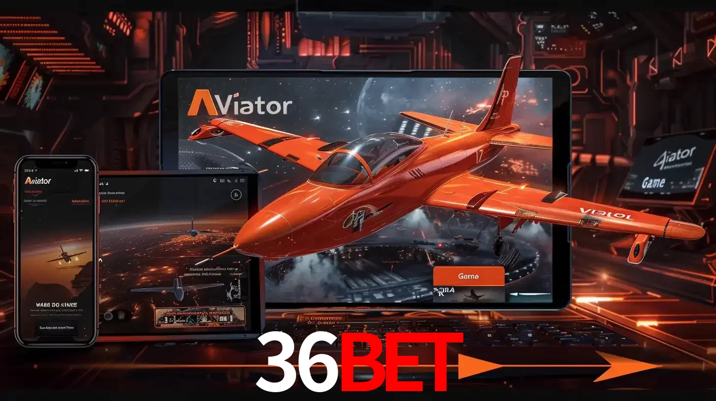 Apresentação tecnológica do jogo Aviator com um avião saindo da tela de um tablet, demonstrando a experiência imersiva em múltiplos dispositivos no 36bet.