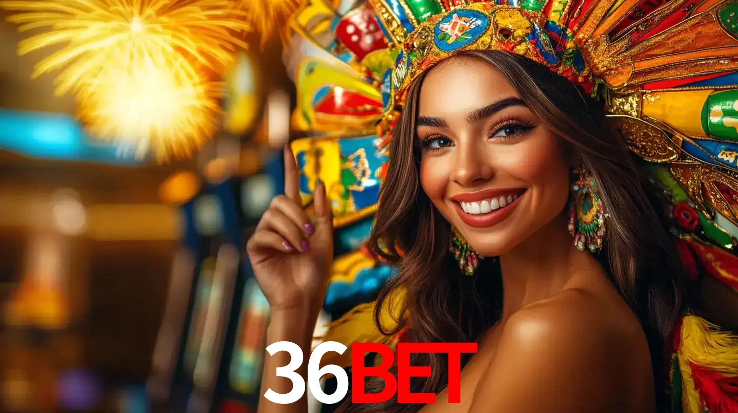 Mulher sorridente com um cocar de carnaval vibrante e colorido, celebrando uma grande vitória nos jogos do cassino 36bet com fogos de artifício ao fundo.