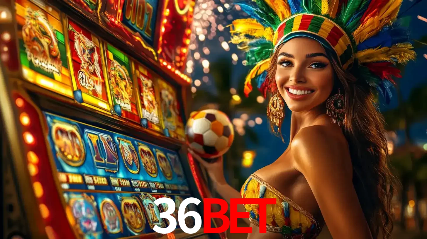 Mulher com um cocar de carnaval ao lado de uma máquina de caça-níqueis enquanto segura uma bola de futebol, mostrando a união da diversão de cassino e esportes no 36bet.