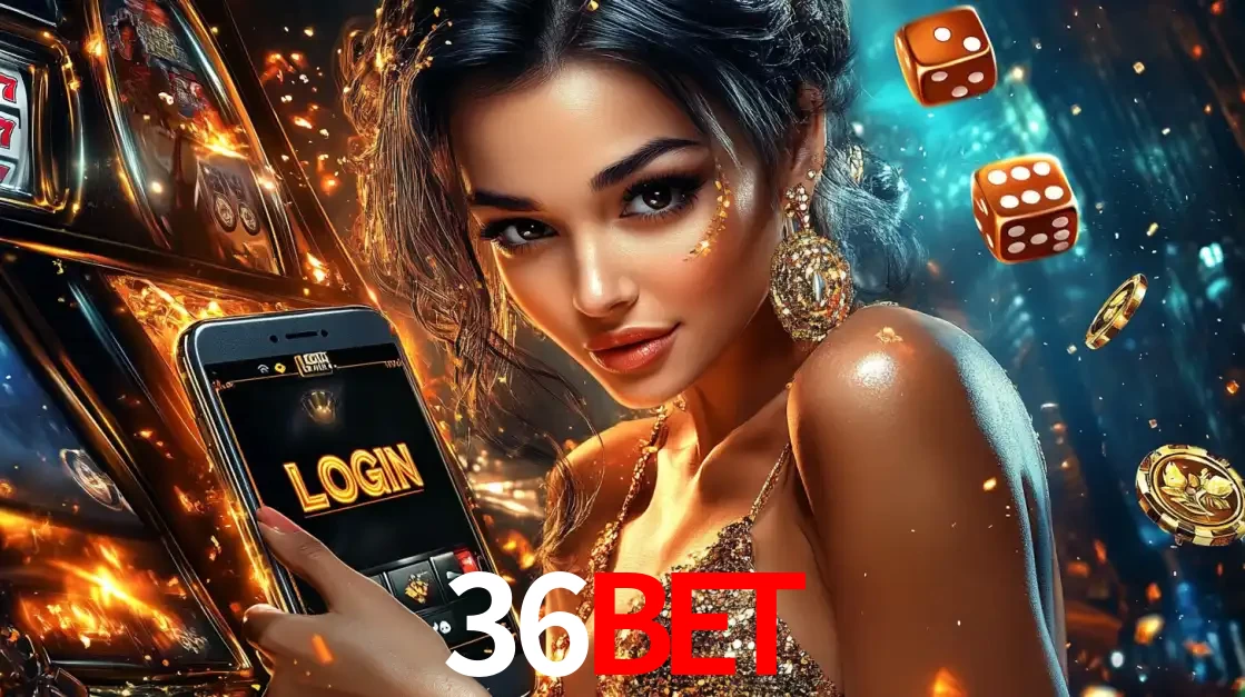Mulher glamourosa segurando um celular com a tela de login do cassino 36bet, rodeada por dados e moedas douradas, pronta para começar a diversão.