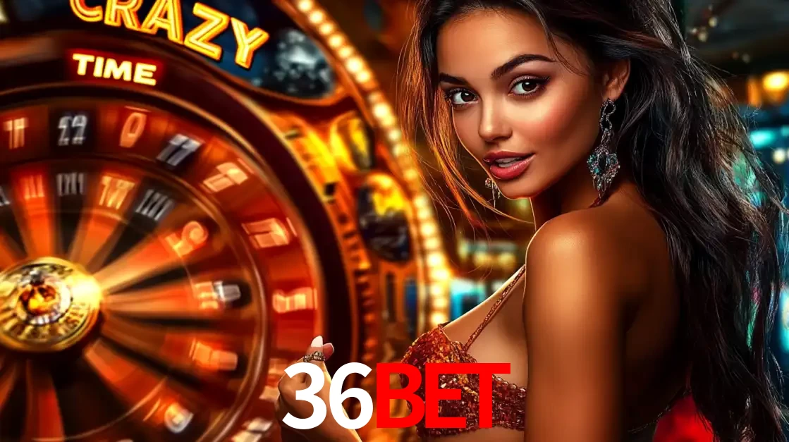 Mulher ao lado da roda de prêmios do jogo de cassino ao vivo Crazy Time, um dos shows de jogos mais emocionantes oferecidos pela plataforma de apostas 36bet.