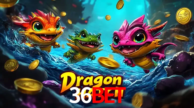 Arte promocional do jogo Dragon Hatch com três adoráveis dragões bebês nadando entre moedas de ouro, um dos slots mais divertidos para jogar no cassino 36bet.