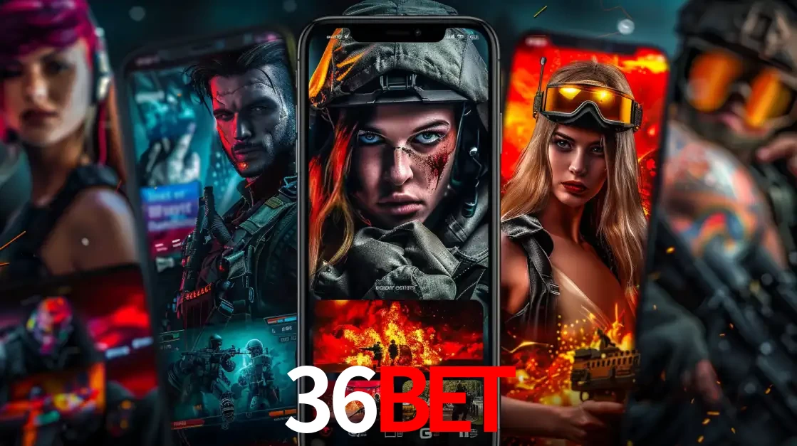 Montagem de telas de celular mostrando diversos personagens, masculinos e femininos, de um jogo de tiro, ilustrando a diversidade de equipes de e-sports para apostar no 36bet.