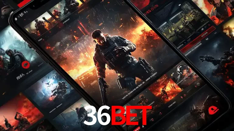 Tela de um celular exibindo uma galeria de jogos de tiro com temática militar, mostrando a variedade de e-sports disponíveis para apostas na plataforma de entretenimento 36bet.