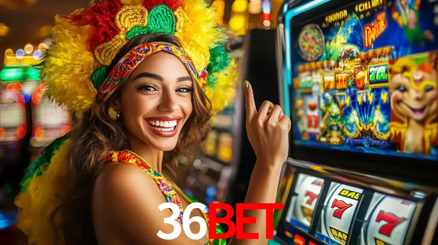 Mulher animada com um cocar de carnaval apontando para uma máquina de caça-níqueis, mostrando a emoção de ganhar um grande prêmio nos jogos do 36bet.