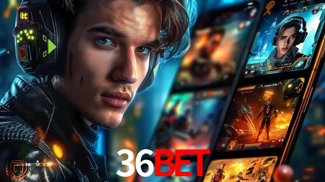 Jovem jogador com fones de ouvido olhando para a câmera, com um aplicativo de jogos e e-sports para celular ao fundo, pronto para a competição e apostas no 36bet.