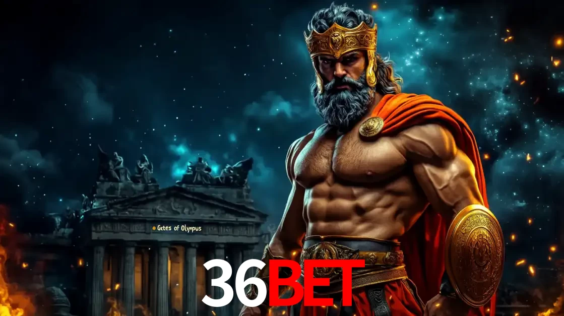 O poderoso Zeus do jogo de slot Gates of Olympus em frente ao seu templo, pronto para lançar multiplicadores divinos e prêmios épicos no cassino online 36bet.