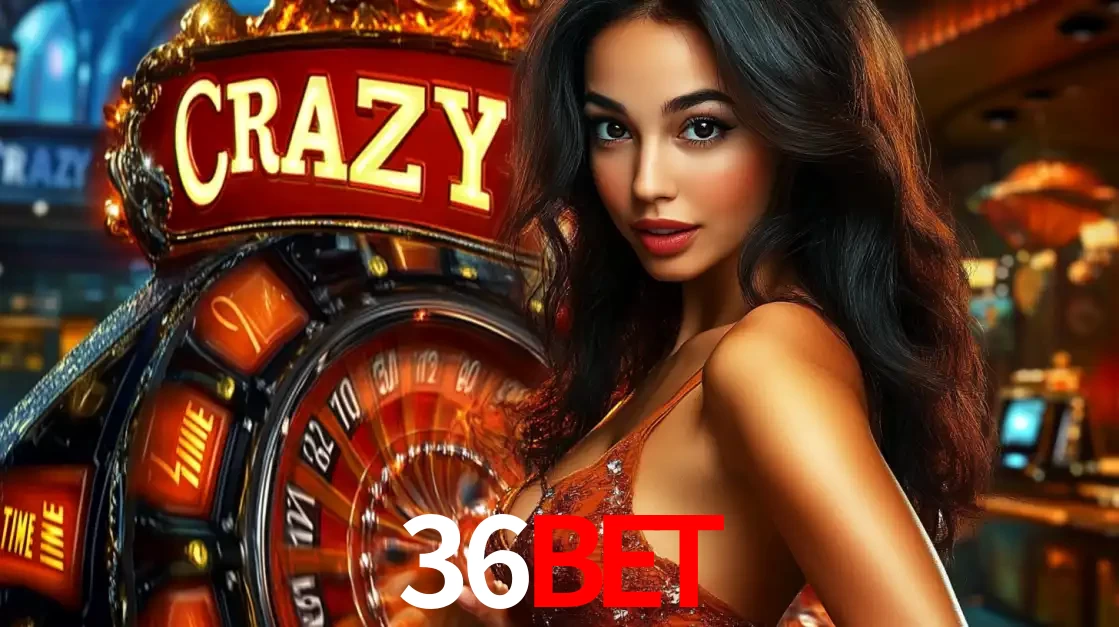 Mulher glamourosa olhando para a câmera com a roda vermelha do Crazy Time ao fundo em um ambiente de cassino, destacando a emoção dos jogos ao vivo no 36bet.