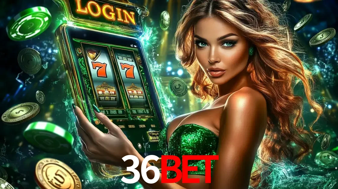 Mulher com tema verde apresentando o aplicativo do cassino 36bet com um jogo de slot de 777, cercada por fichas de cassino e uma aura de sorte.