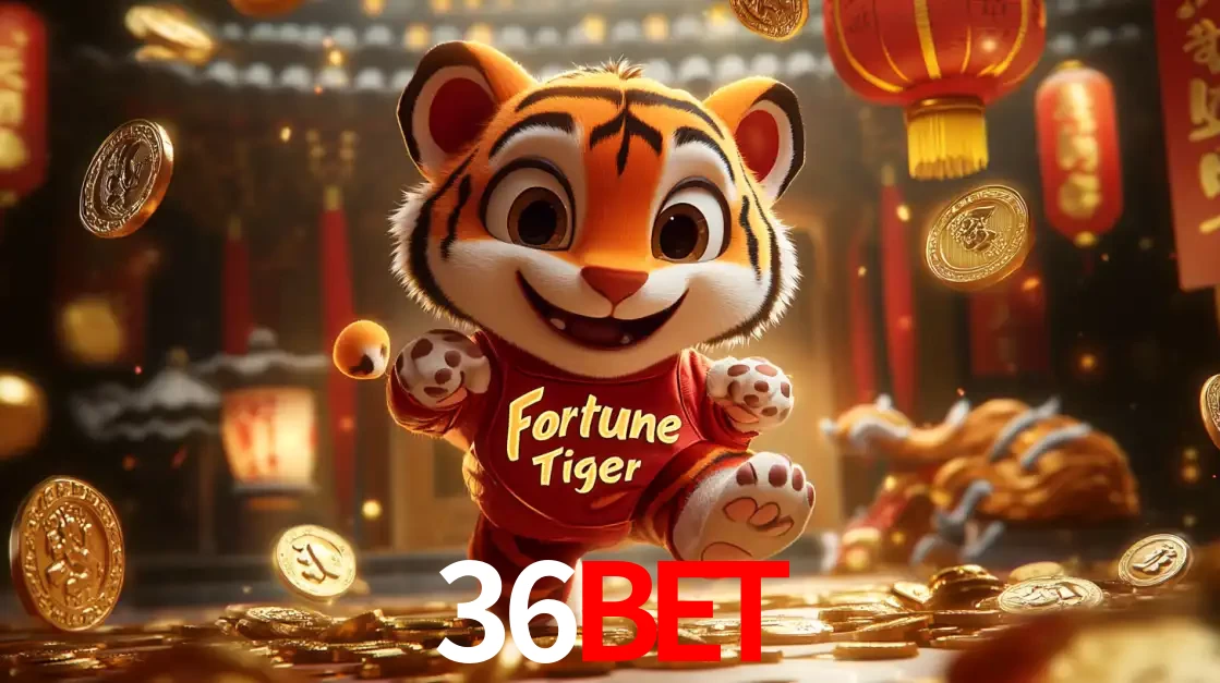 O alegre personagem do Fortune Tiger correndo sobre um caminho de moedas de ouro, simbolizando os grandes prêmios e a diversão do popular jogo de slot do 36bet.