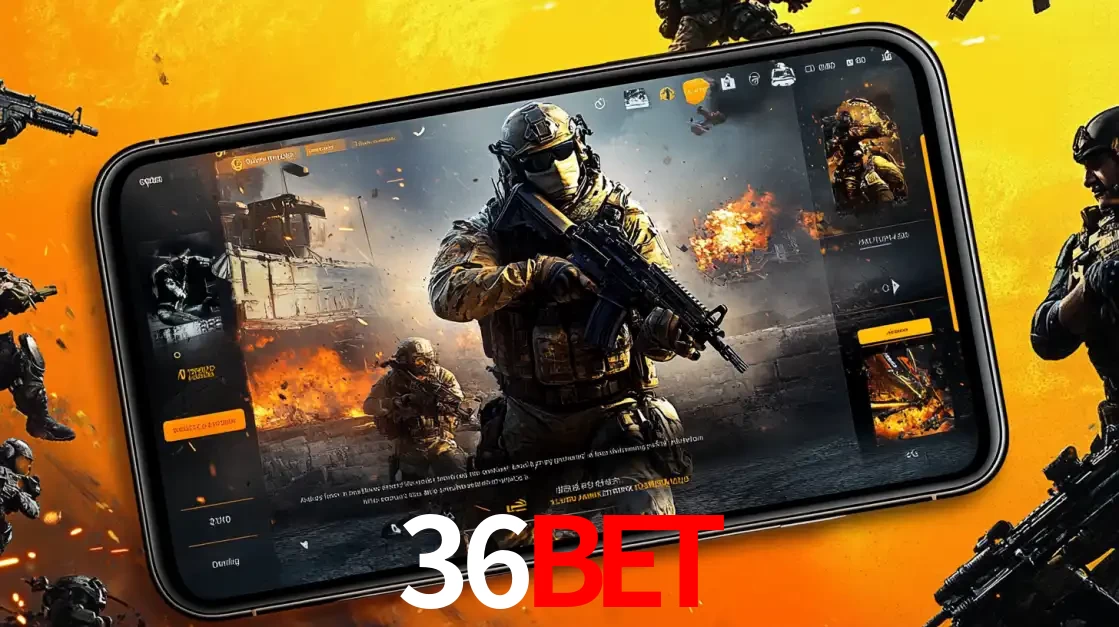 Um smartphone exibindo a interface de um jogo de tiro em primeira pessoa, com um soldado em um cenário de batalha, representando a ação dos e-sports para apostar no 36bet.