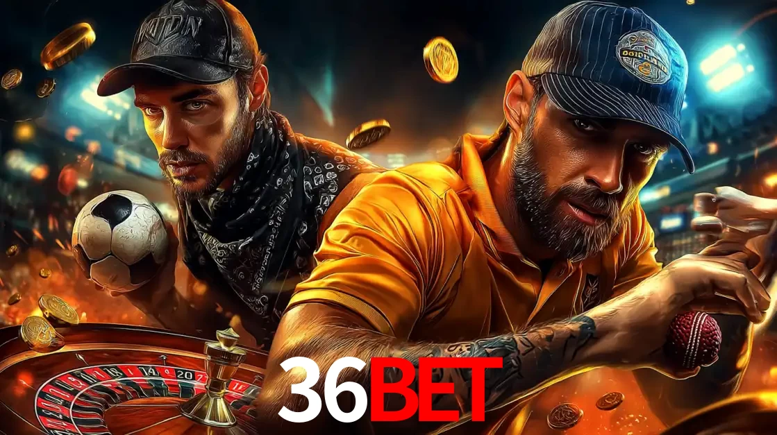 Montagem de apostas esportivas e cassino no 36bet, com um homem segurando uma bola de futebol e outro uma de beisebol sobre uma roleta e moedas voadoras.