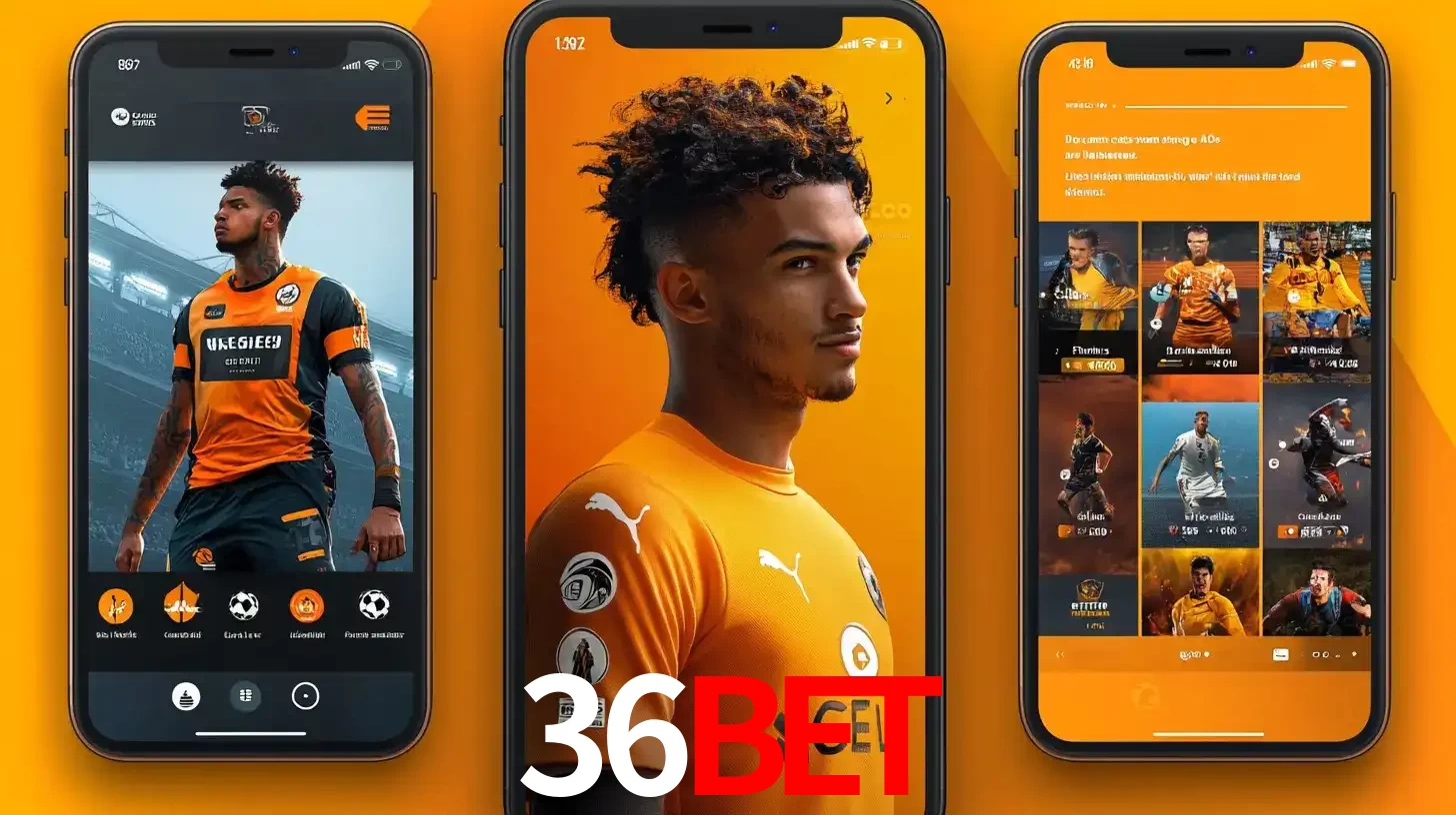 Interface do aplicativo de apostas esportivas 36bet em três telas de celular, mostrando o perfil de um jogador de futebol e a lista de jogos disponíveis para apostar.