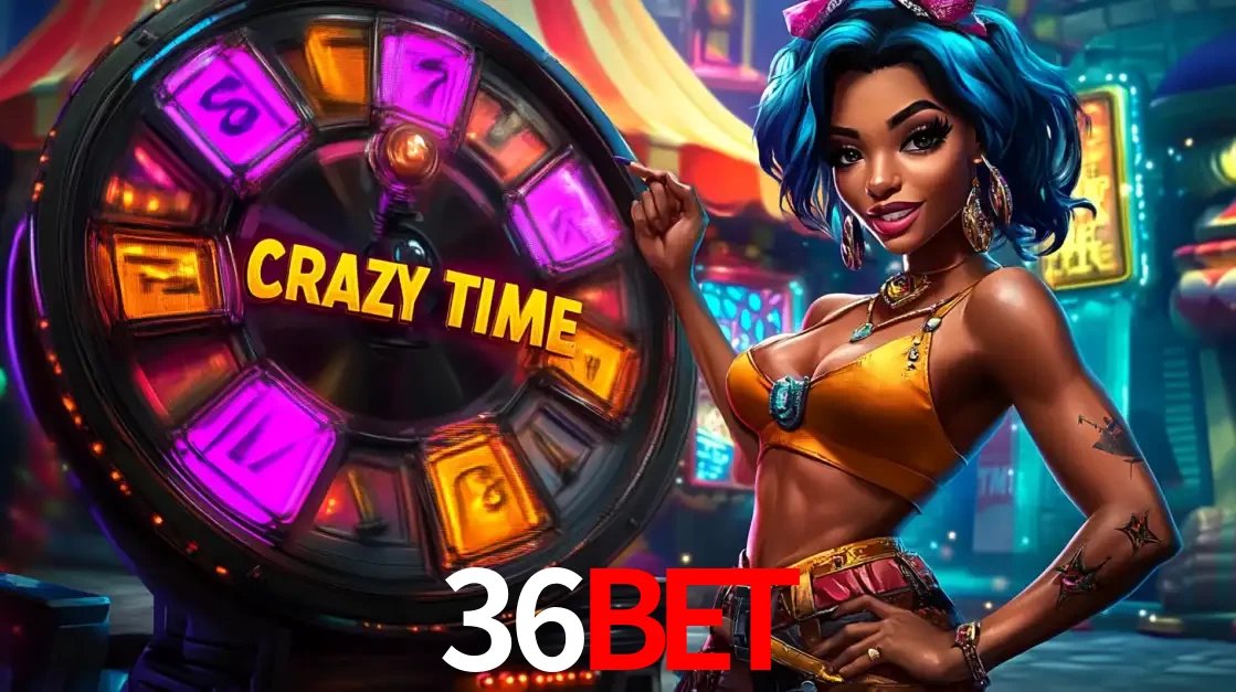 Mulher estilizada com cabelo azul e visual vibrante posando ao lado da roda de prêmios do game show Crazy Time, convidando para a diversão e os bônus do cassino 36bet.