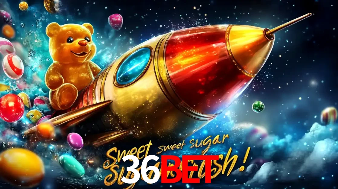 Arte promocional do jogo de slot Sugar Rush, com um urso de pelúcia em um foguete viajando pelo espaço de doces, um dos jogos divertidos disponíveis no cassino 36bet.