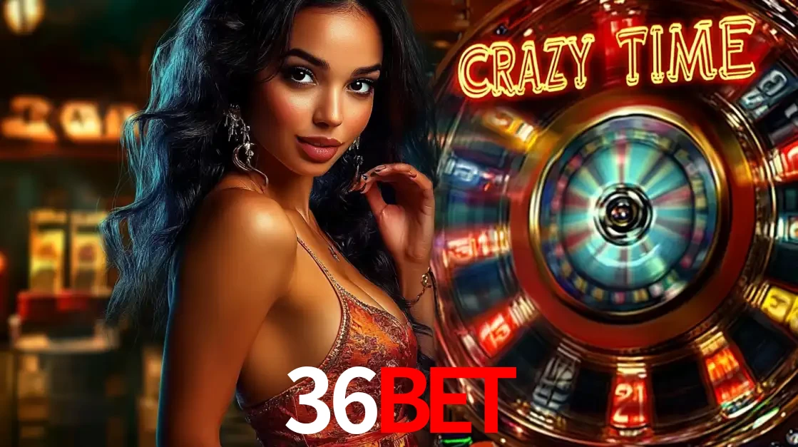 Mulher elegante ao lado da vibrante roda da fortuna do jogo de cassino ao vivo Crazy Time, um dos game shows mais populares e cheios de prêmios do 36bet.