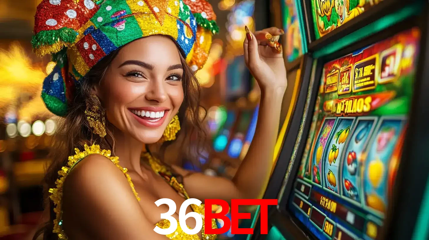 Mulher feliz com traje de carnaval amarelo e colorido ao lado de uma máquina de caça-níqueis, aproveitando a diversão e os jogos temáticos do cassino 36bet.