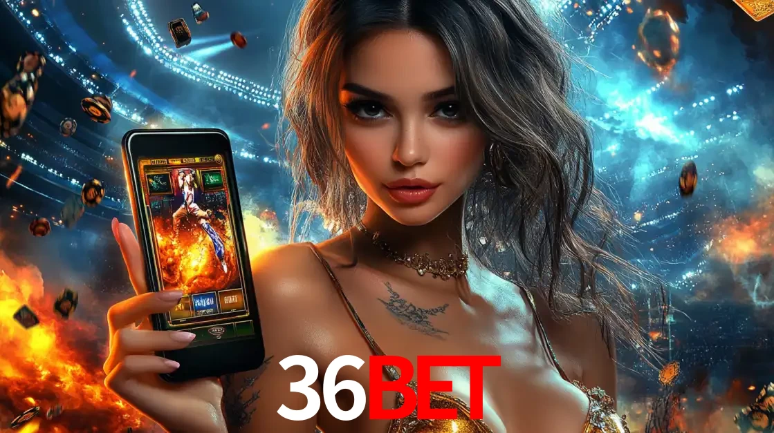 Mulher segurando um celular com um jogo de slot em destaque, tendo como fundo um estádio vibrante, simbolizando a emoção de jogar no cassino móvel 36bet.