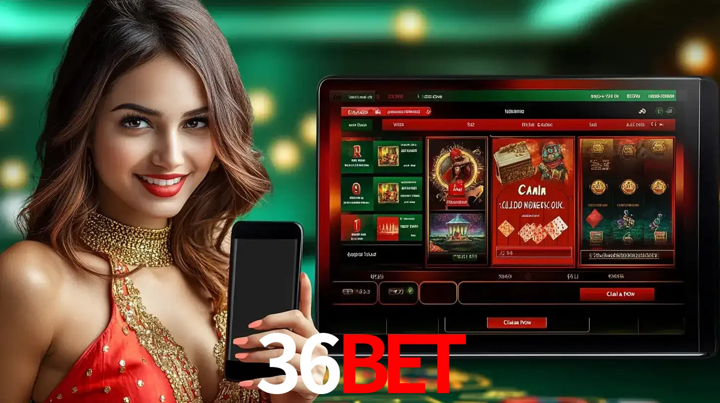 Mulher sorridente segurando um smartphone, ao lado de uma tela exibindo o lobby de jogos do cassino online 36bet, com várias opções de jogos de cartas e slots.